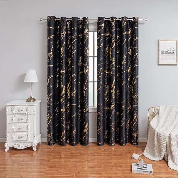 Mörkläggningsgardiner, Dubbla Lager Polyester, Ljudreducerande, Sovrum Och Vardagsrum, Svart Guld Marmor, 140 x 260 cm, 2 Paneler