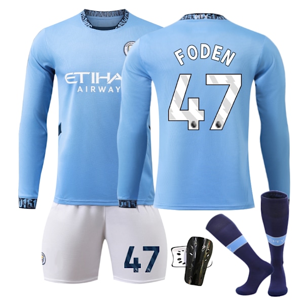 Manchester City Barn Hemmaställ 2024-2025 Höst & Vinter Nr 47 strumpor + Vakt 28 FOOEN No 9 socks. S