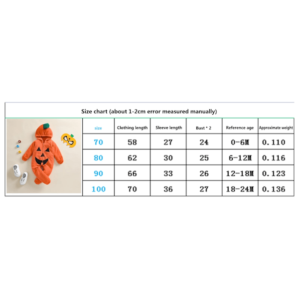 Vastasyntyneen vauvan tyttöjen ja poikien Halloween-asu, kurpitsapuku, 6 kk, 12 kk, 18 kk, 24 kk, pitkähihainen, huppu, haalari, söpöt vaatteet orange 12