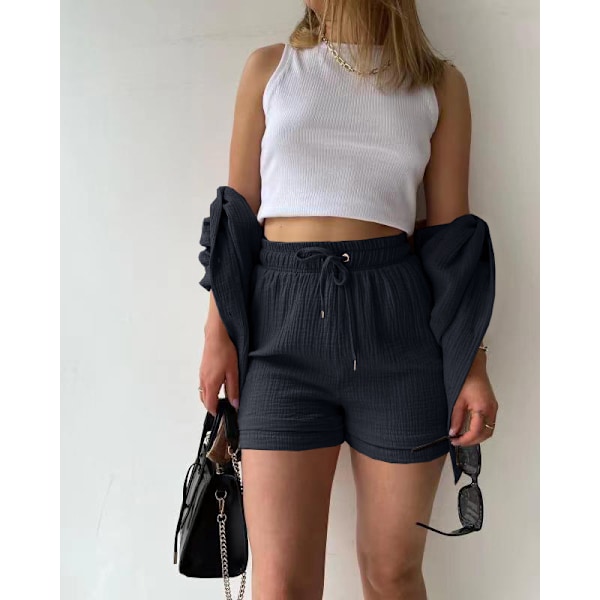 Dame 2-delt bukse sett Lin Skjorte shorts sett svart black M