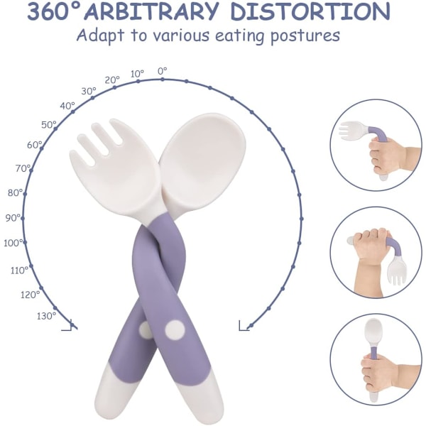 4 stk. Baby Gaffel og Ske Sæt Silikon Selvfødende Nemt Greb Bestik purple/white