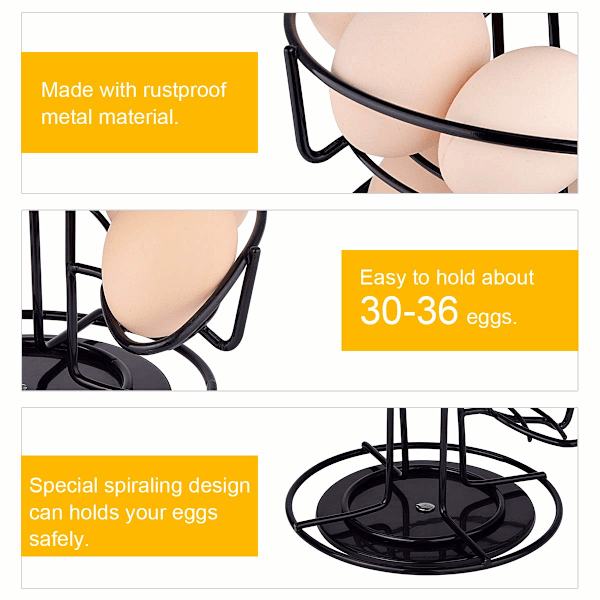 Äggdispenser, äggspiral i rostfritt stål, spiraldesign, äggställ för förvaring av ca 30-36 ägg, svart Black