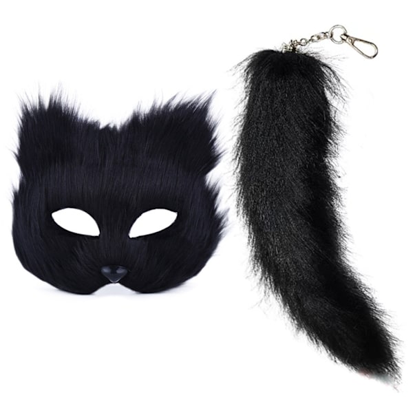 Konstgjord Pälsrävsvans Kattmask Therian Mask och Svans Halloween Cosplay Fest-WELLNGS Black