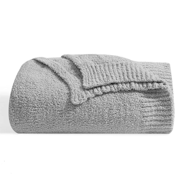 Stickad Filt för Vuxna, Mjuk och Varm Andningsbar Fluffig Höstfilt för Soffa, Säng, Vändbar Mysig och Luddig Stickad Filt för Light gray
