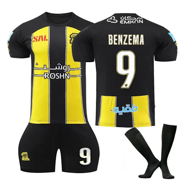 Benzema 23-24 Saudi-Arabia liga Al-Ittihad drakt nr. 9 hjemme fotballdrakt sett voksne barn - Perfe Adult M（170-175cm）