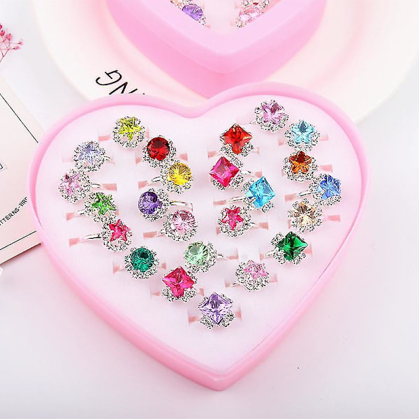 12 stk justerbare ringer med rhinestones og edelstener i eske for små jenter, barnesmykkeringer med hjerteformet display