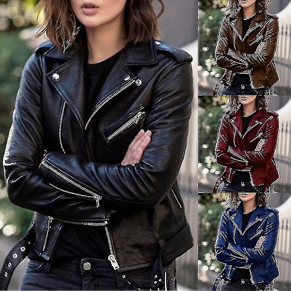 Solid Høst Dame Sykkeljakke Kunstskinn Yttertøy Glidelås Antrekk Vår Høst Dame Mote Kort Tynn Damejakke Kåpe Rask Stil B Navy Style B Navy M