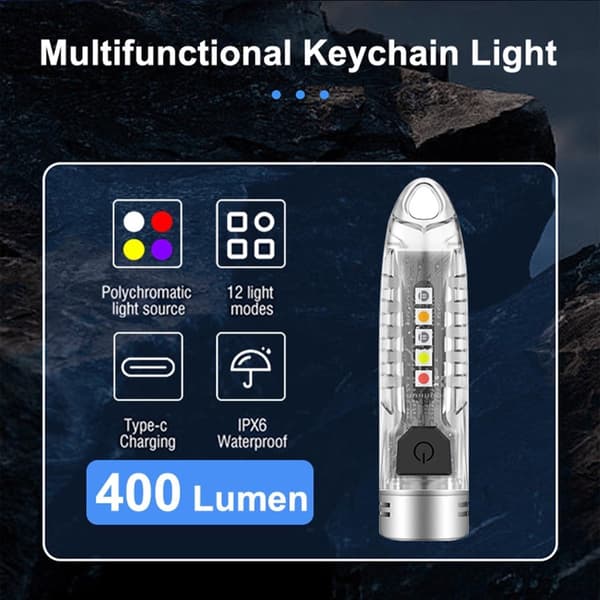 Mini LED Nøgleringslommelygte, 400 Lumen, 12 Tilstande, UV Og Sidelys, USB-C Genopladelig Til Camping Og Daglig Brug