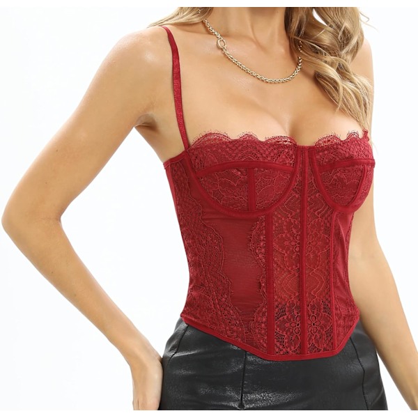 Naisten Pitsi Sexy Bustier Korsetti Yläosa Kalaluilla Burgundin Punainen - Koukku Takana Burgundy - Hook Back L