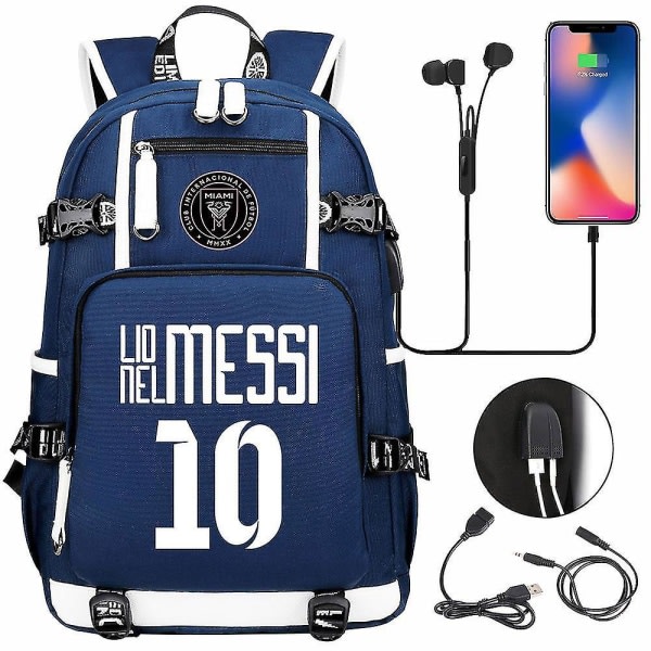 Fotboll Messi Ryggsäck | Rymlig vattentät resväska | Svart skolväska med USB laddare | Perfekt för resor och skola