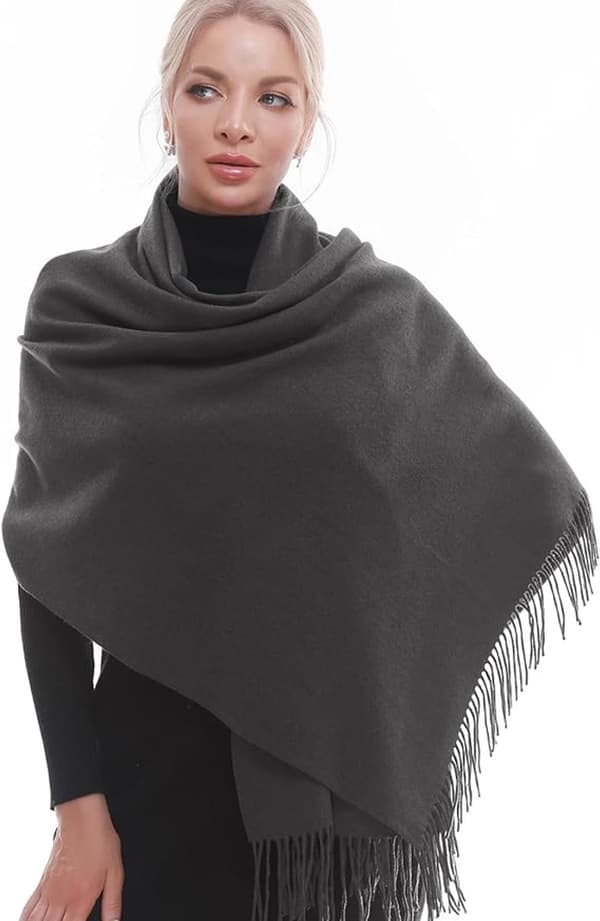 Vävd damhalsduk, mjuk imitation av kashmirpolyester, varm fransad sjal för höst vinter, mörkgrå, 70 x 200 cm Dark Heather Grey