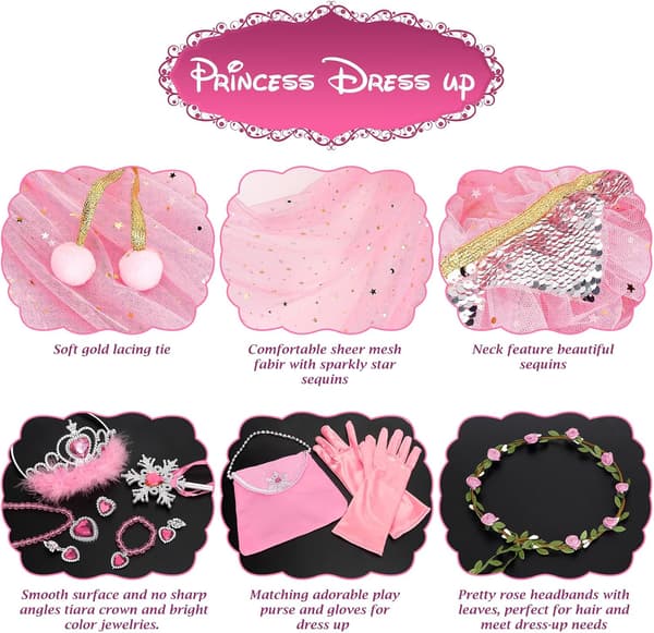 Prinsesse udklædningssæt til piger, 12 dele polyester glitterkappe med diadem, tryllestav, taske, smykker, handsker, alder 3-8 år, lyserød