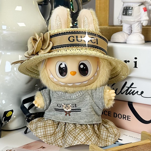 Sommerudsalg Labubu dukkeklæder første generation anden generation blind box Labubu dukkeklæder (hat + top + nederdel) G Grå stråhatt