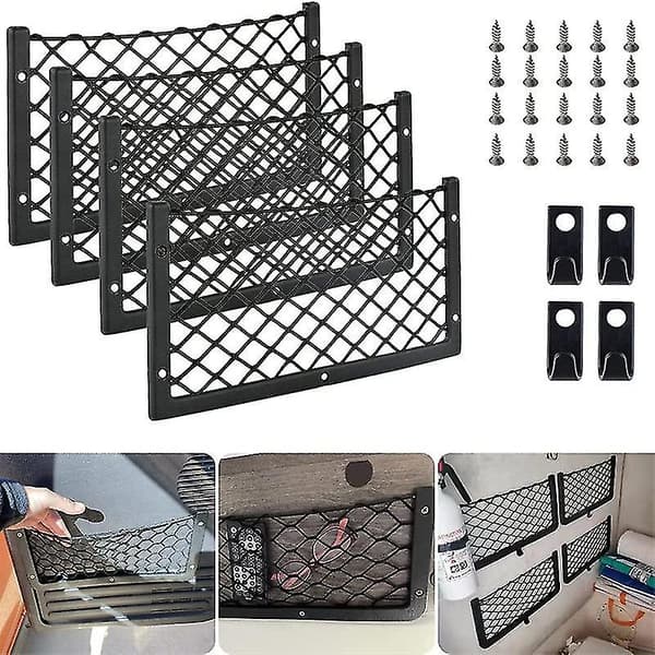 4 stk. Bilopbevaringsnet til autocamper, elastiske opbevaringsnet med plastikramme, til campingvogn, bil, bådtilbehør (sort)
