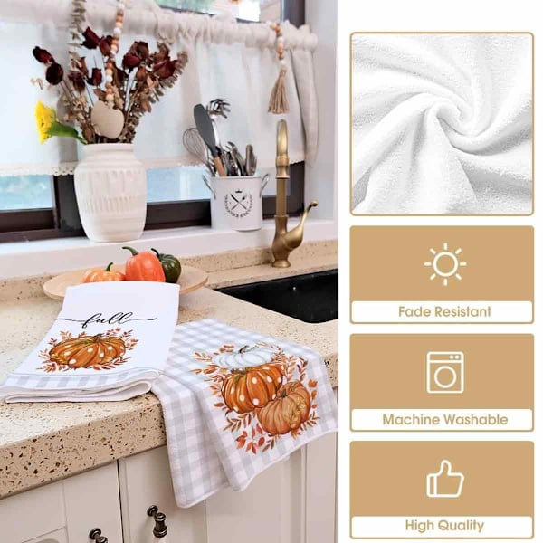 Oranssi Buffalo Ruudullinen Pilkullinen Kurpitsa Syksykeittiöpyyhkeet Tiskirätit, Maalaistalon Eukalyptuslehti Koriste Pyyhesetti 4 kpl Style 1