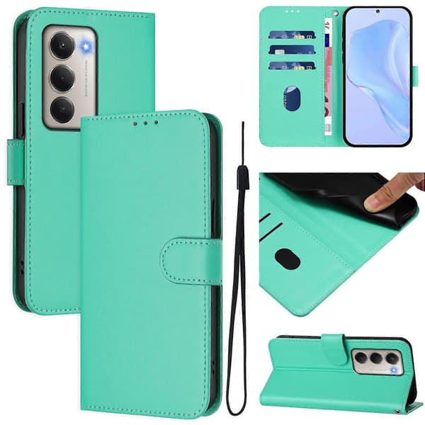 Xiaomi Redmi 15 5G Cover - Solid Color Leather Wallet Case with Strap, Stand Function Protective Phone Case Green Green Green