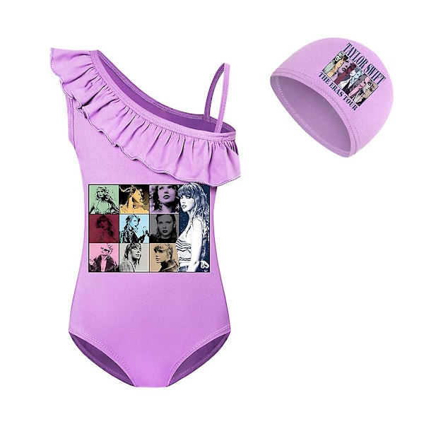 Barn Taylor Swift Volang Baddräkt Flickor En Delig Baddräkt Baddräkt Med Badmössa Lila Purple 9-10 Years