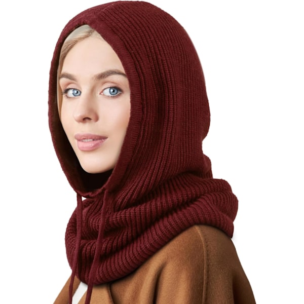 Naisten talvinen neulottu pipo - Lämmin huppu-huivipipo nyörillä 1 Pc Hooded Hat: Burgundy