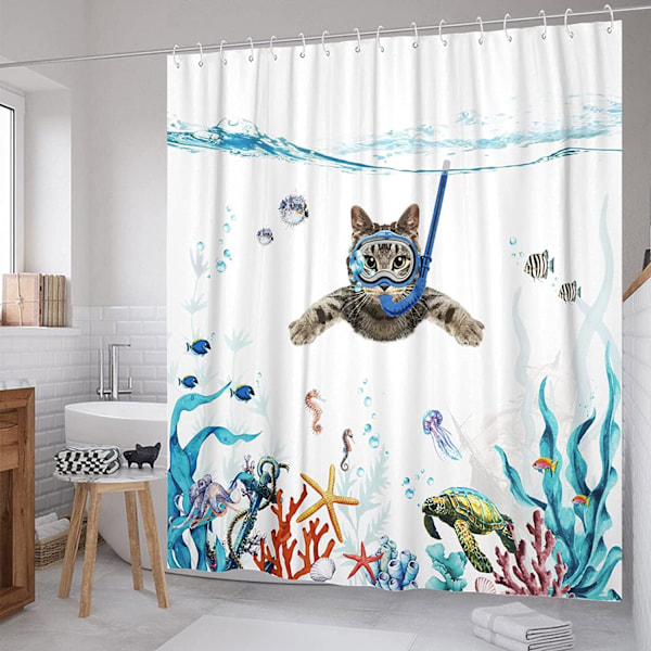 Dusjforheng 180 x 180 cm Dykende Katt Havtrykt Vanntett B