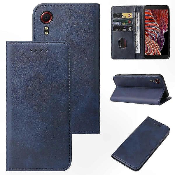 Durable Magnetic Leather Cover with Secure Snap Closure - Protective Case for Galaxy Xcover 5 Blue