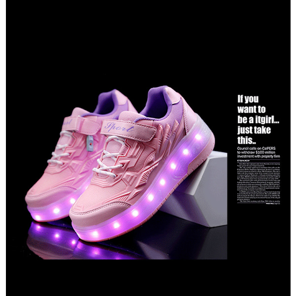 Lasten lenkkarit, tuplapyöräkengät, LED-valokengät Q7-yky.35. Vaaleanpunainen Pink 35