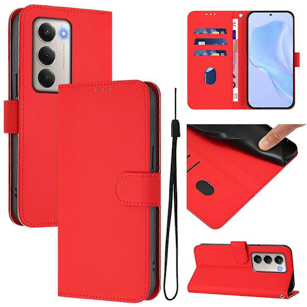 Xiaomi Redmi 15 5G Case - Solid Color Leather Wallet Case with Strap, Stand Function Protective Phone Case L Light red Bright Red