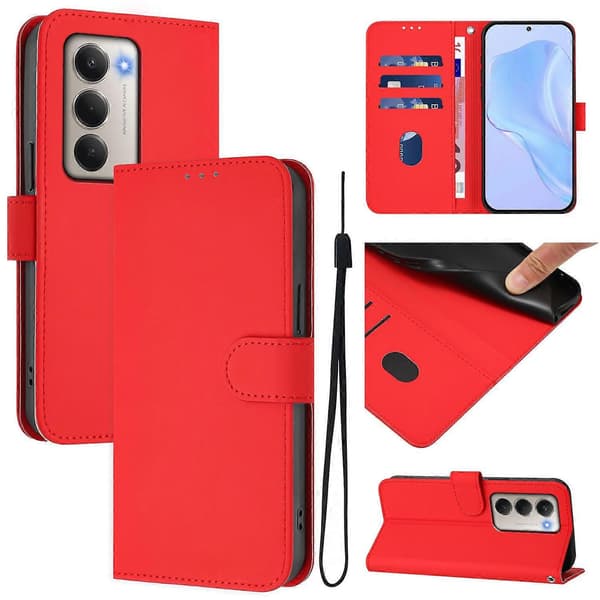 Xiaomi Redmi 15 5G Cover - Solid Color Leather Wallet Case with Strap, Stand Function Protective Phone Case L Light red Bright Red