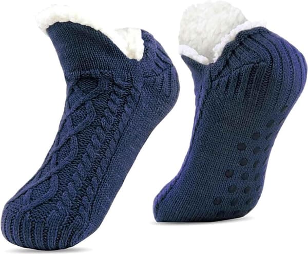 Fleeceforede skridsikre sokker, bløde polyester varme gulvsokker til kvinder, mænd og piger, indendørs, marineblå, 38-42 (26cm)
