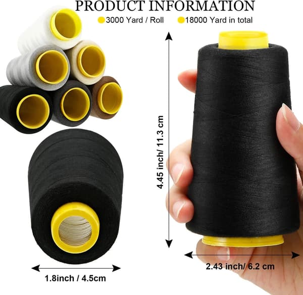 6 ruller polyester-overlocktråd koner 3000 yards hver for symaskiner, overlock, quilting Svart Hvit Beige Grå Mørk Kaffe