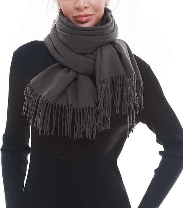 Vävd damhalsduk, mjuk imitation av kashmirpolyester, varm fransad sjal för höst vinter, mörkgrå, 70 x 200 cm Dark Heather Grey