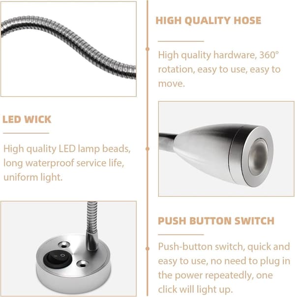 2-pack 12V LED-läslampor, 360° justerbart huvud, tryckknappsbrytare, 3W varmvit 3000K, för husbilar, husvagnar, båtar, silver
