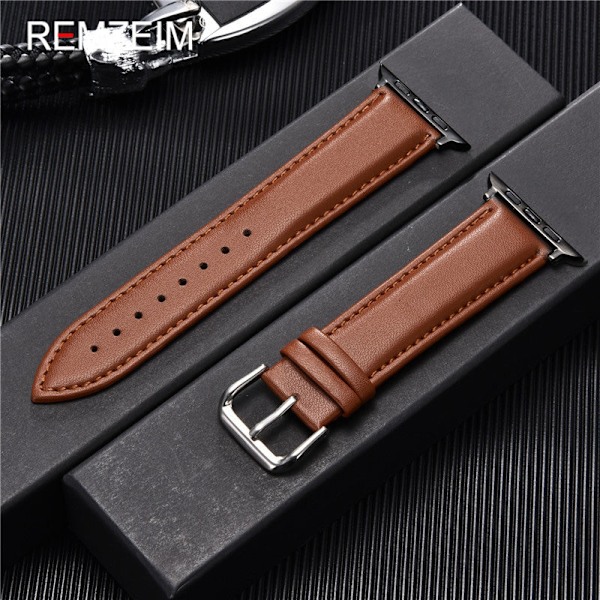 Ekte skinnrem i kalveskinn 38mm 40mm 41mm for iwatch 7 2 3 4 5 6 Myk erstatningsrem 42mm 44mm 45mm for Apple Watch Lys Brun-B Light Brown-B 38mm or 40mm or 41mm