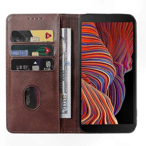 Durable Magnetic Leather Cover with Secure Snap Closure - Protective Case for Galaxy Xcover 5 Brown