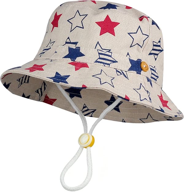 Baby solhat, bred skygge, åndbart stof, justerbar hagerem, foldbart design, til spædbørn under 1 år, stjerneprint, størrelse S 48 cm