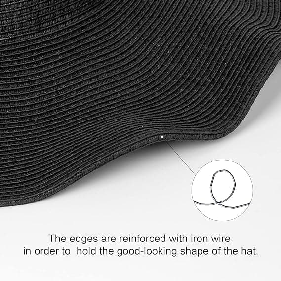 Damfloppy hat Halmhat Solhat med bred skygge Åndbar Anti UV Halmhat Strandsolhat UPF 50+, Sort