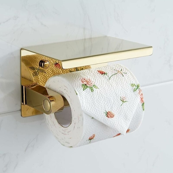 304 T55 Toiletpapirholder i rustfrit stål, børstet guld, rustfrit stål, toiletpapirholder med hylde - Perfekt