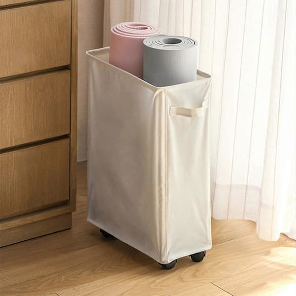 Laundry Basket with Wheels, Foldable Clothes Storage Cart, Slim Corner Shelf, Yoga Mat Storage