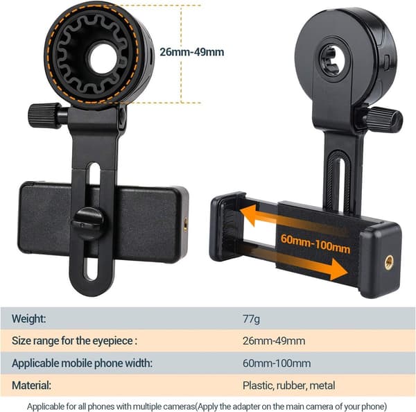 Universal Smartphone Adapter Mount, Justerbar 28-49mm Okularholder til Kikkert, Mikroskoper og Spotting Scopes, Sort