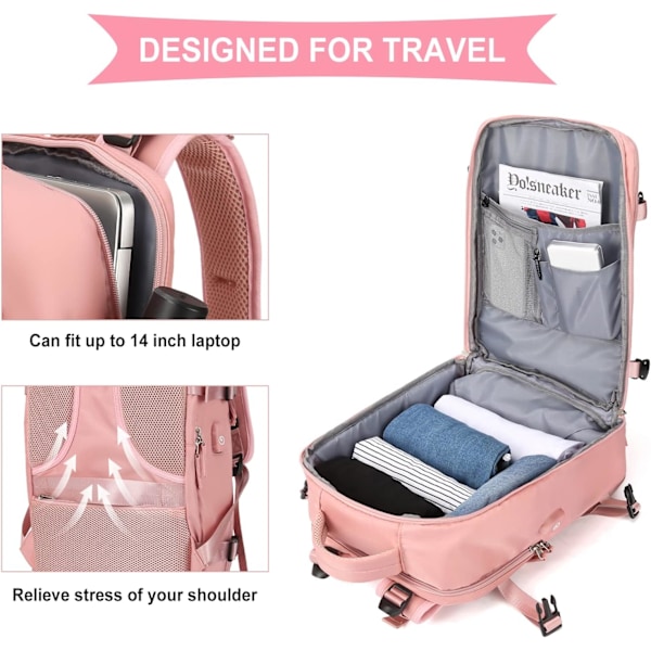 Stor Reiseryggsekk for Kvinner og Menn, Kabinveske, Tursekk Vanntett Utendørs Sport Ryggsekk Casual Dagstursekk Small pink