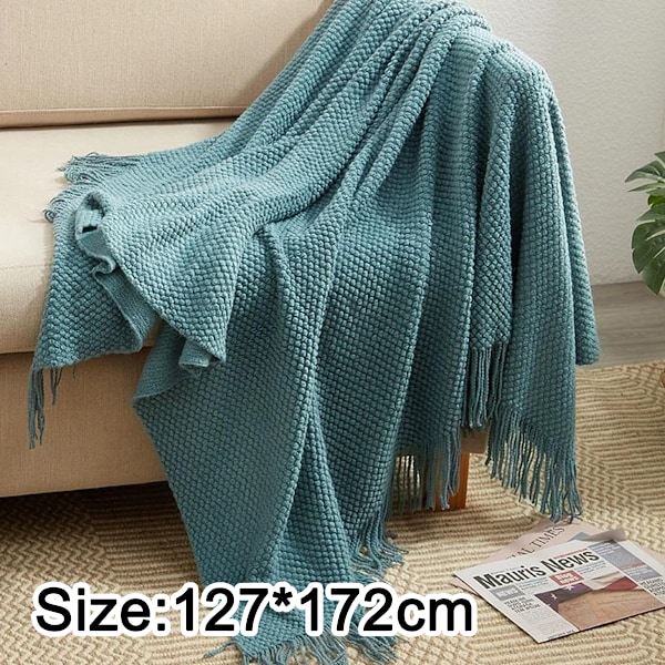 Akrylstickad Filt, Lätt och Mjuk Mysig Dekorativ Vävd Filt med Fransar för Resor, Soffa, Säng, Soffa, 130x170 cm Light green