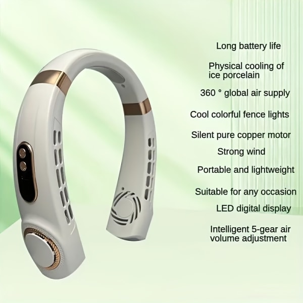 Bärbar nackfläkt USB uppladdningsbar bärbar luftkonditionering, handsfree, bladlös, tyst, med stark justerbar 5-nivåvind för utekök White