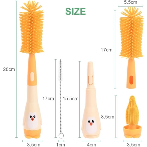 2-in-1 Vauvan Pullo- ja Tuttipullon Puhdistusharja - Silikoninen Harja Vesipulloille, Lasikuppeille ja Termospulloille (Keltainen) yellow
