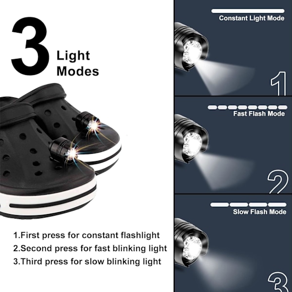 2 st 3 lägen LED ficklampa campingtillbehör ljus varar 145 timmar vattentät skodekoration Croc pannlampa（svart） Black