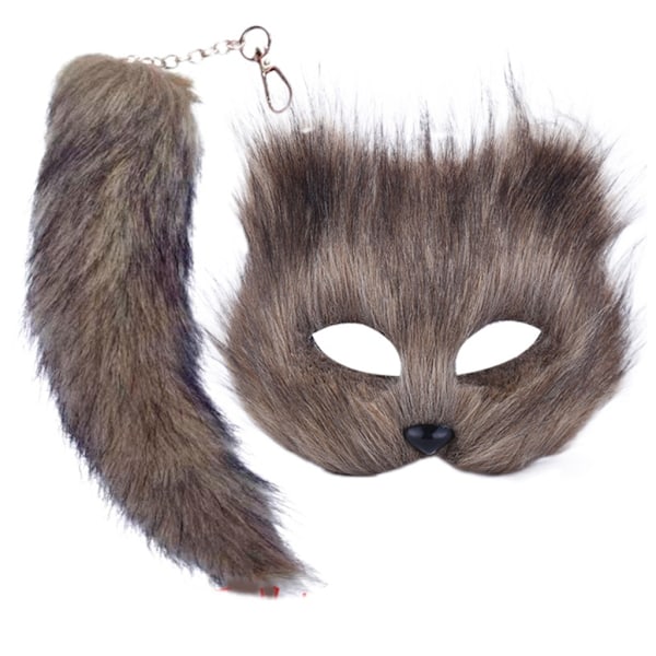 Konstgjord Pälsrävsvans Kattmask Therian Mask och Svans Halloween Cosplay Fest-WELLNGS Black
