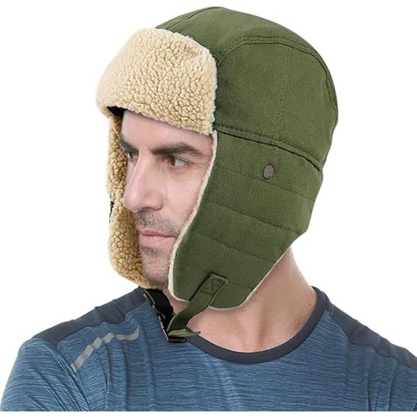 Vinter Aviator Hat, Fortykket Bomuld med Øreklapper, One Size, Grøn