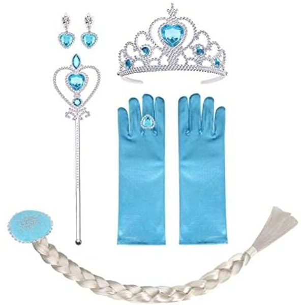 Prinsessklänning Set för 2-10 år med Krona, Peruk, Tiara, Trollstav, Handskar 7 pieces