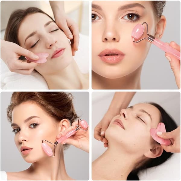 Rosenkvarts Jade Roller & Gua Sha Sten - Ansiktsroller & Gua Sha Set - Naturlig Jade Roller - Ansiktsroller - Jade Roller