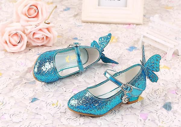 Glitter Prinsesse Piger Læder Hæle Sko Sommerfugl 3D33225 Blå