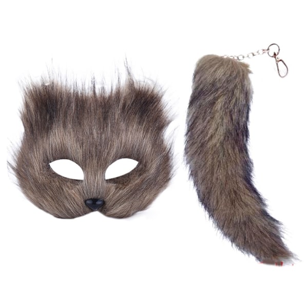 Konstgjord Pälsrävsvans Kattmask Therian Mask och Svans Halloween Cosplay Fest-WELLNGS Gray