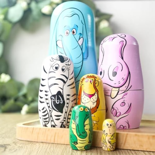 6 stk Russiske Nesting Dolls, Matryoshka Dockor Staplingsdockor Trädjur Nesting Dolls Håndlagde Leksaker for Barn Bursdag